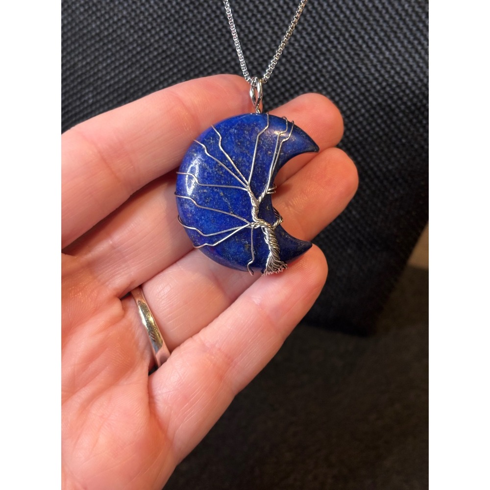 Lapis Lazuli Tree of Life Wire Wrapped Crescent Moon Pendant Necklace Silver